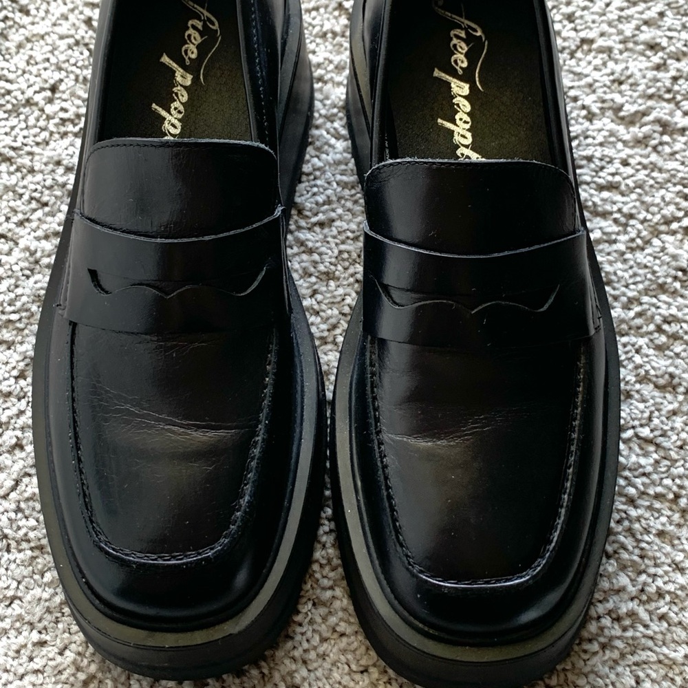 Free People Nico Lug Sole Leather Loafers Sz 37 Eur/ 7 US EUC Black